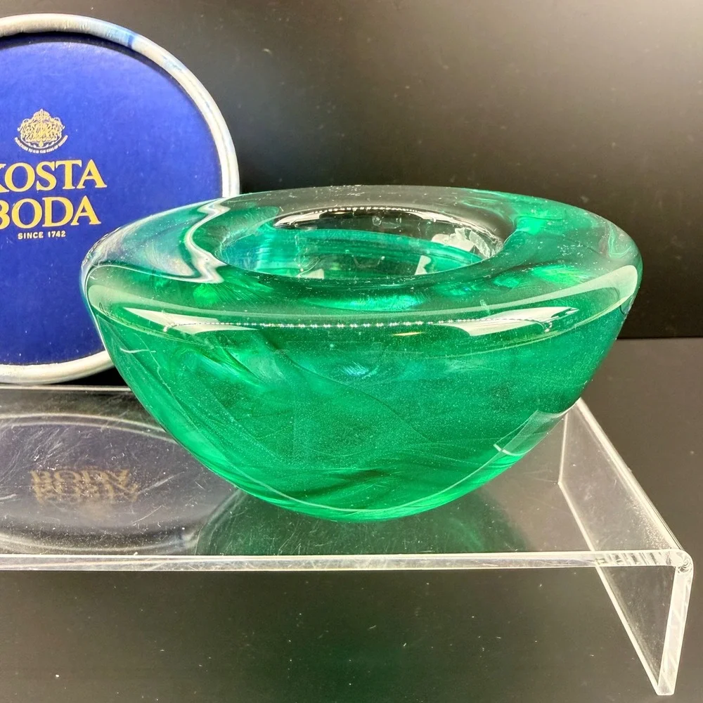 Kosta Boda Atoll Green Glass Votive Candle Bowl Anna Ehrner‎ Signed with Box